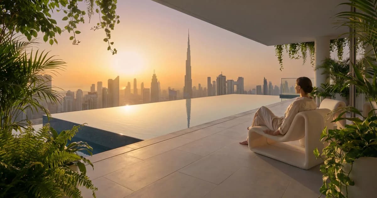 Luxurious Dubai skyline view from a modern property terrace.