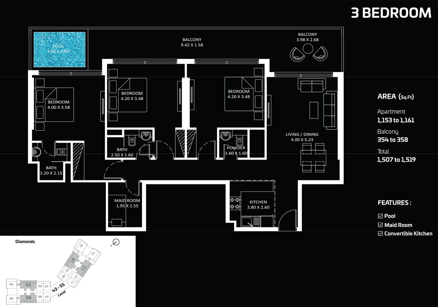 Diamondz by Danube 3 Bedroom Apartment Floor Plan