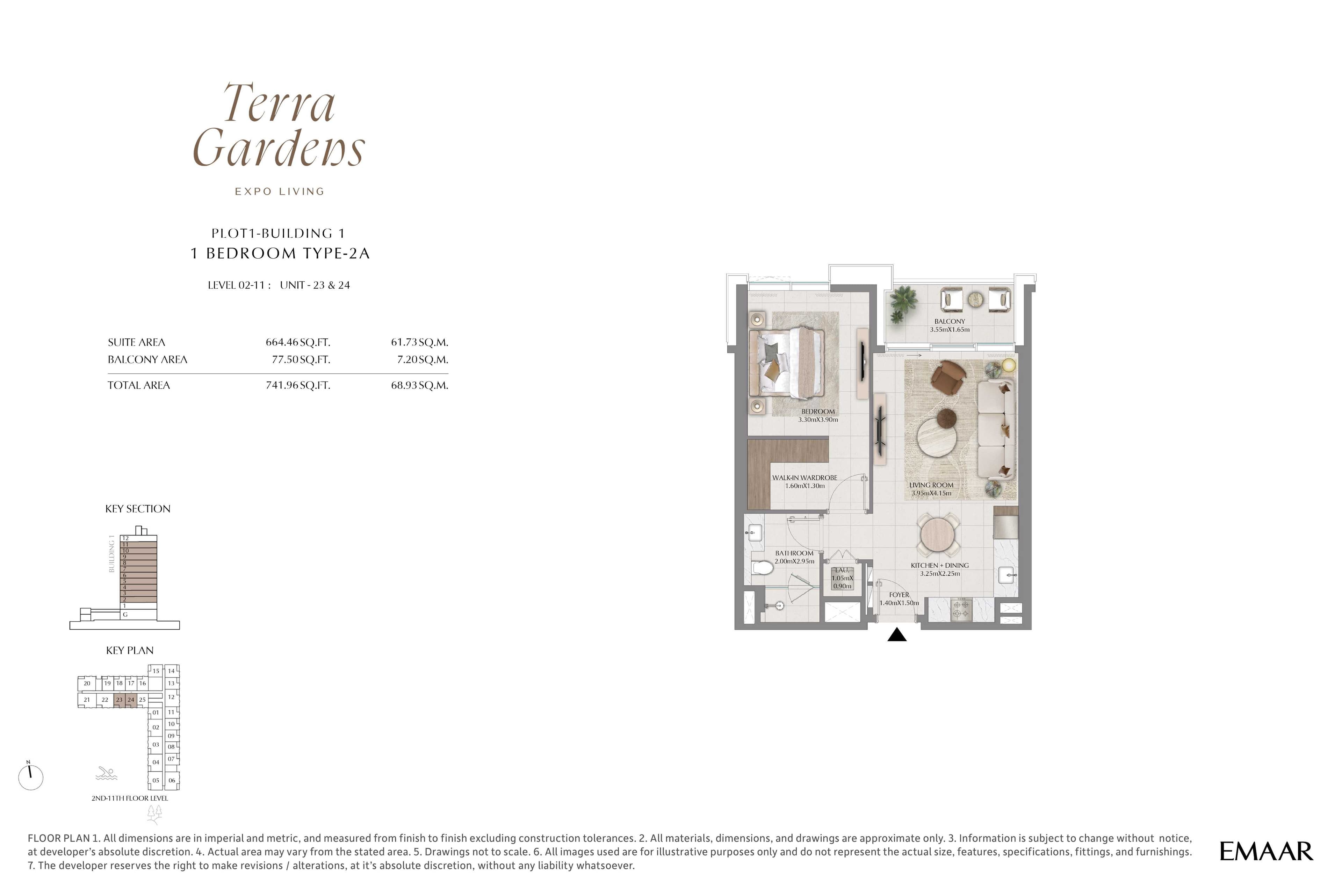 Terra Gardens by Emaar 1 Bedroom Type 2A Floor Plan