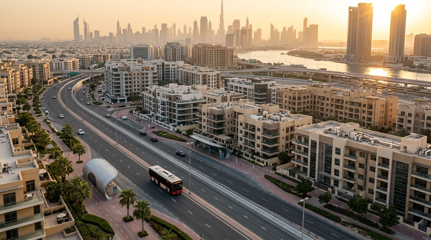 Dubai skyline with 20A bus route and residential properties.