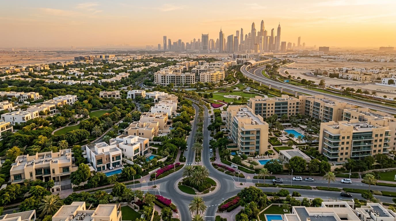 Aerial view of Al Furjan community showcasing modern villas and Dubai skyline.