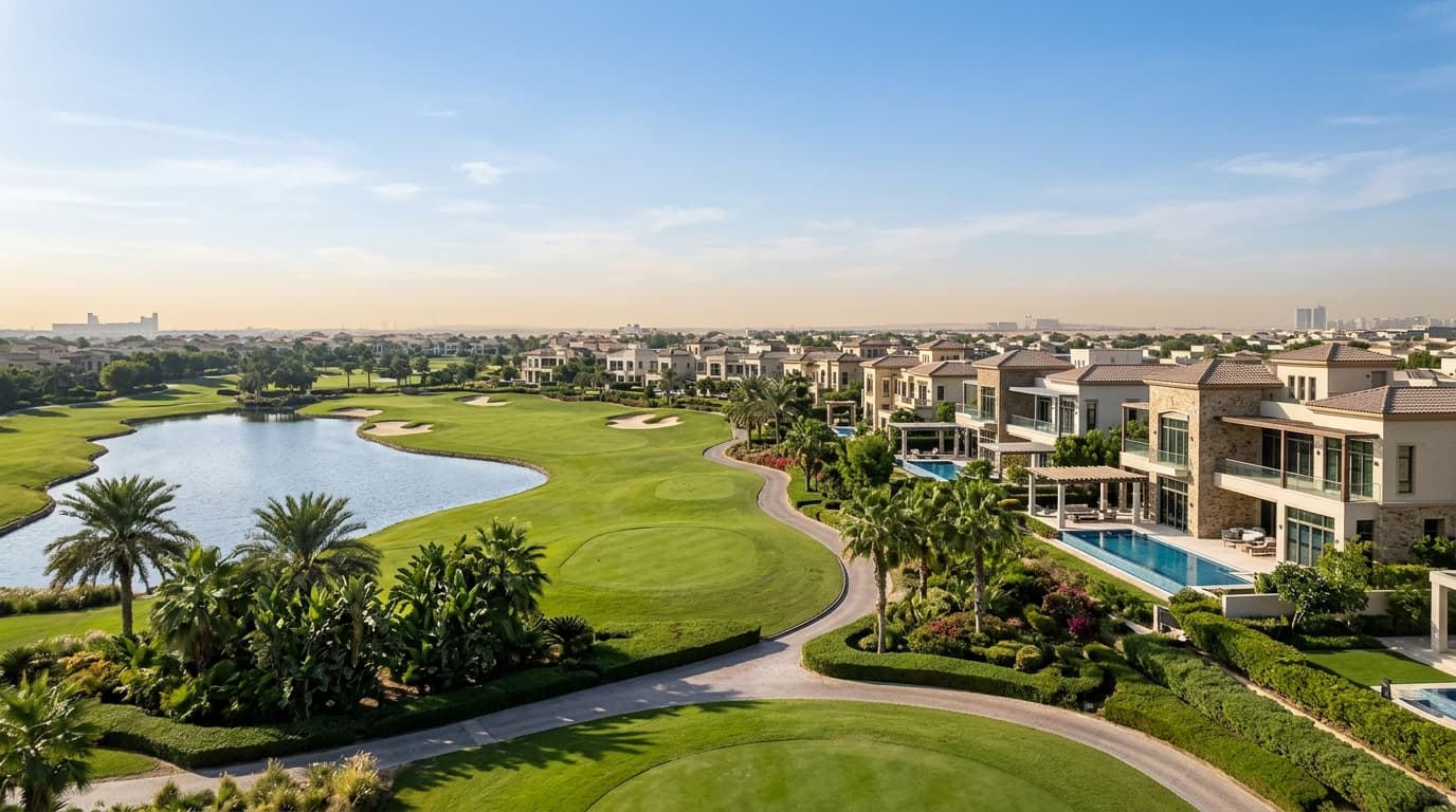Luxurious villas overlooking the lush greens of Jumeirah Golf Estates.