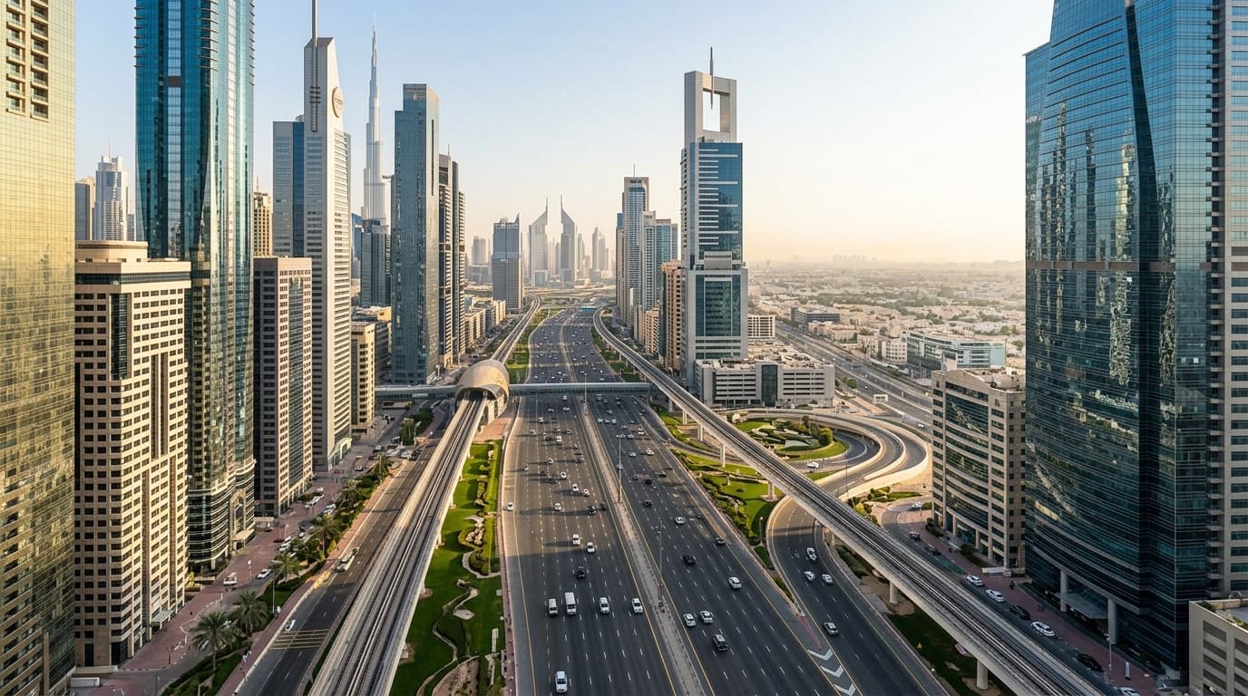 Sheikh Zayed Road skyline showcasing luxury apartments and vibrant city life.