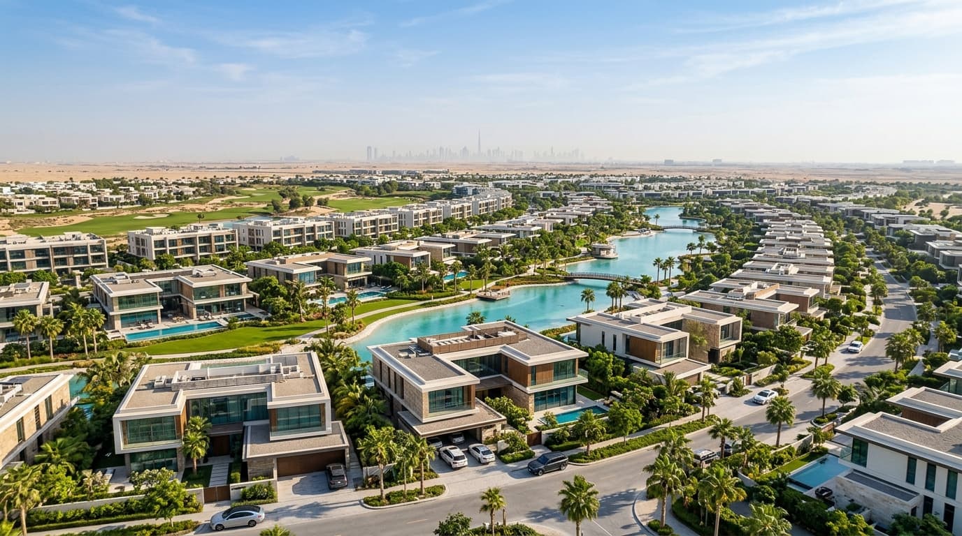 Luxurious villas and serene waterways in Dubailand's vibrant community.