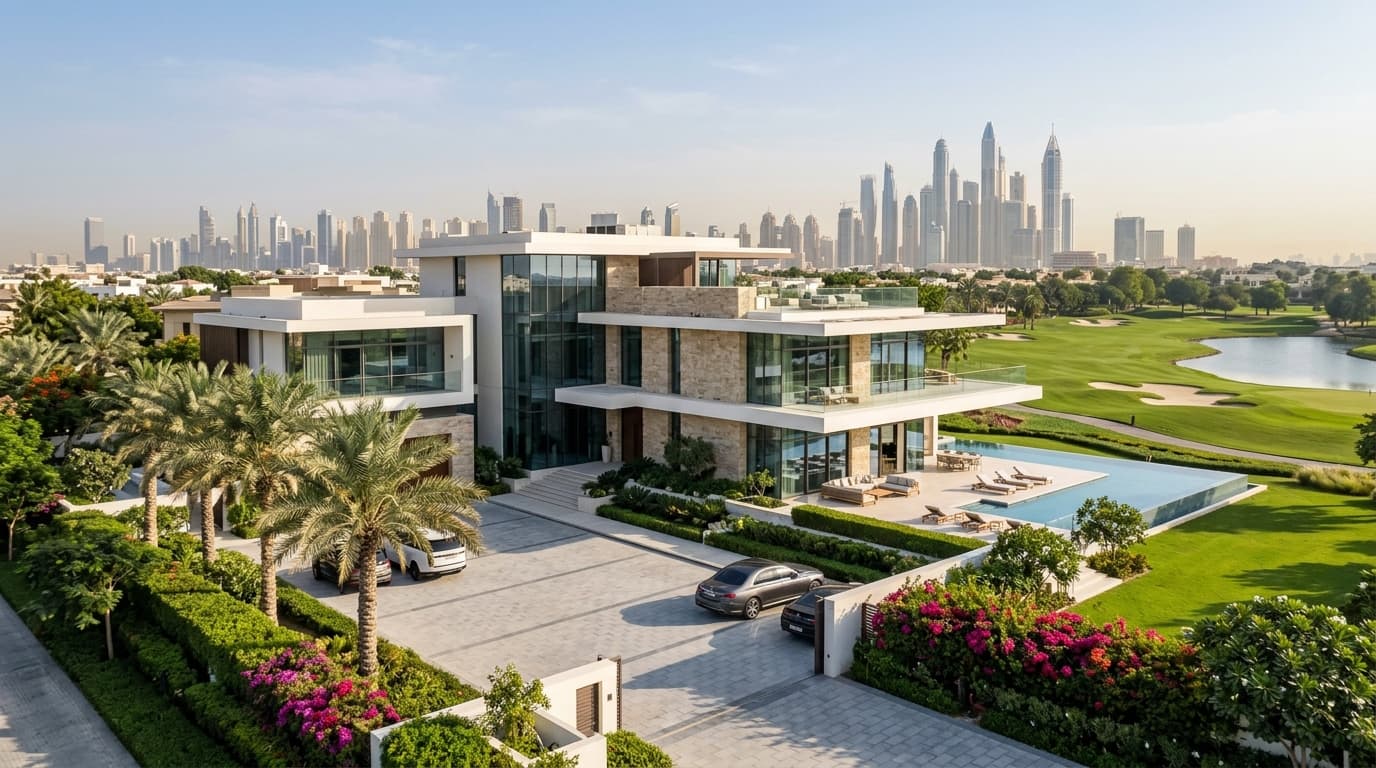 Luxurious villa in Emirates Hills with stunning Dubai skyline views.