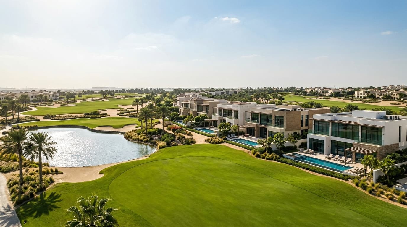 Luxury apartments overlooking lush greens in Jumeirah Golf Estates.
