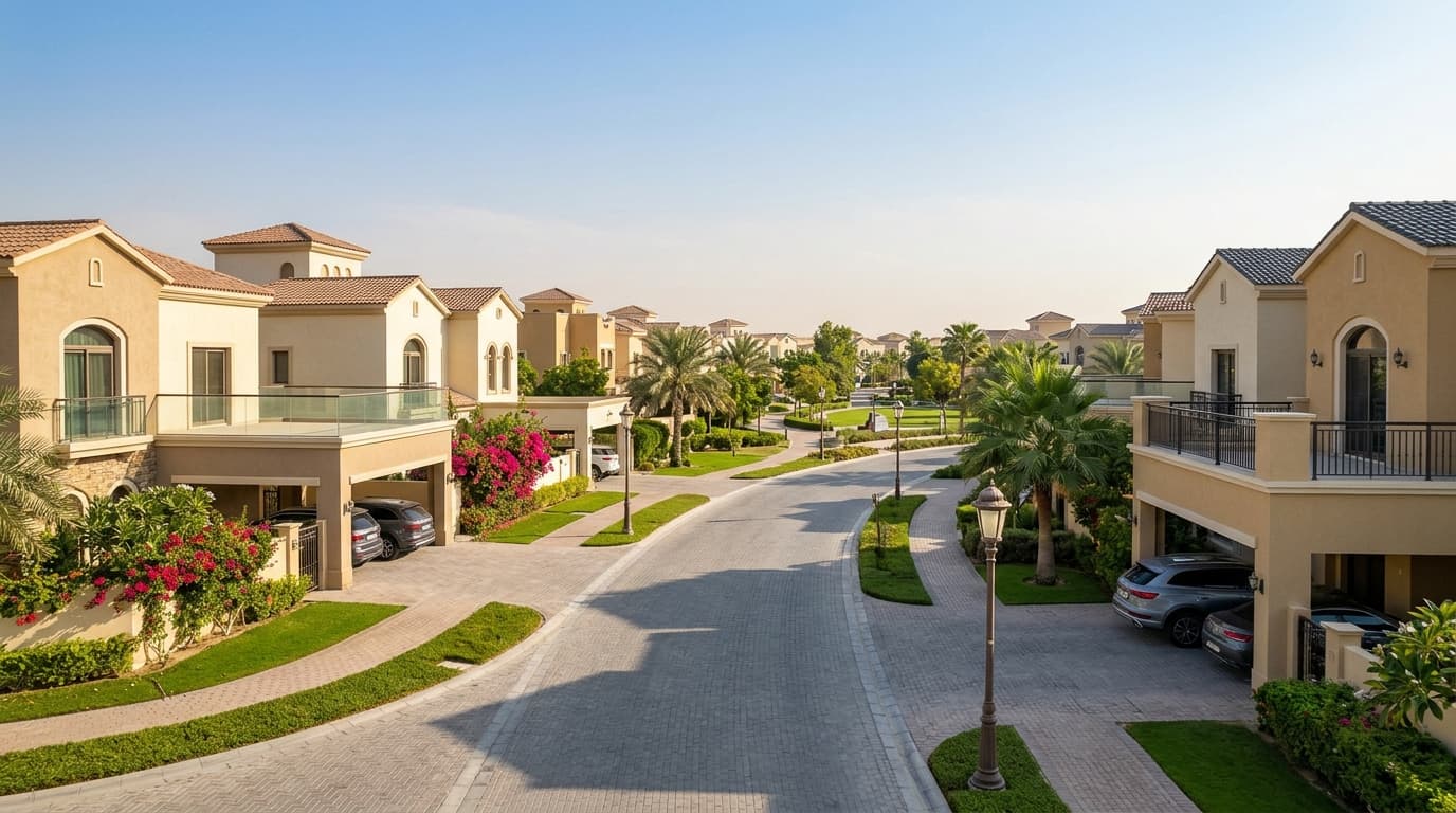 Charming residential street in Villanova, Dubai with lush landscaping.