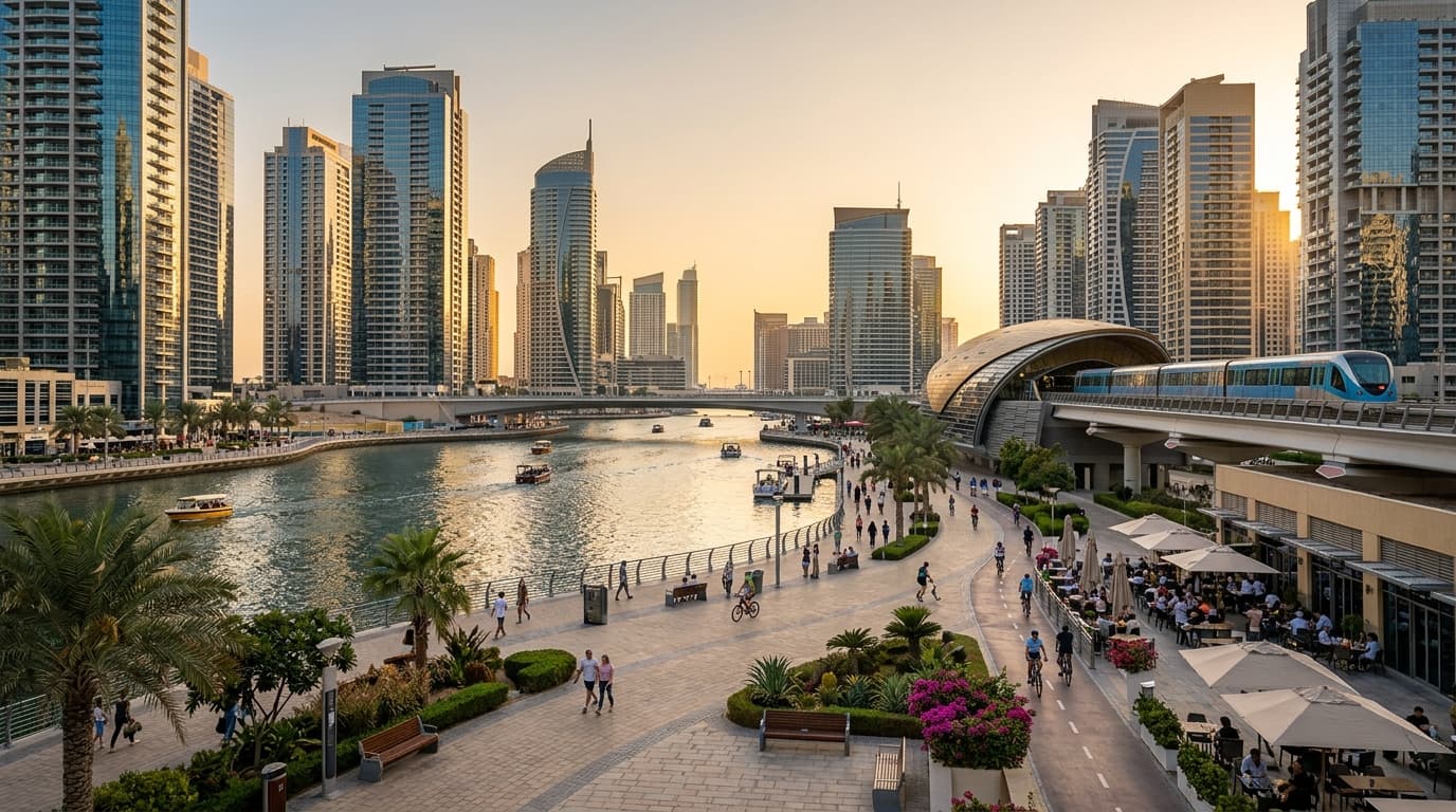 Dubai Marina's vibrant waterfront with walkable pathways and transit access.