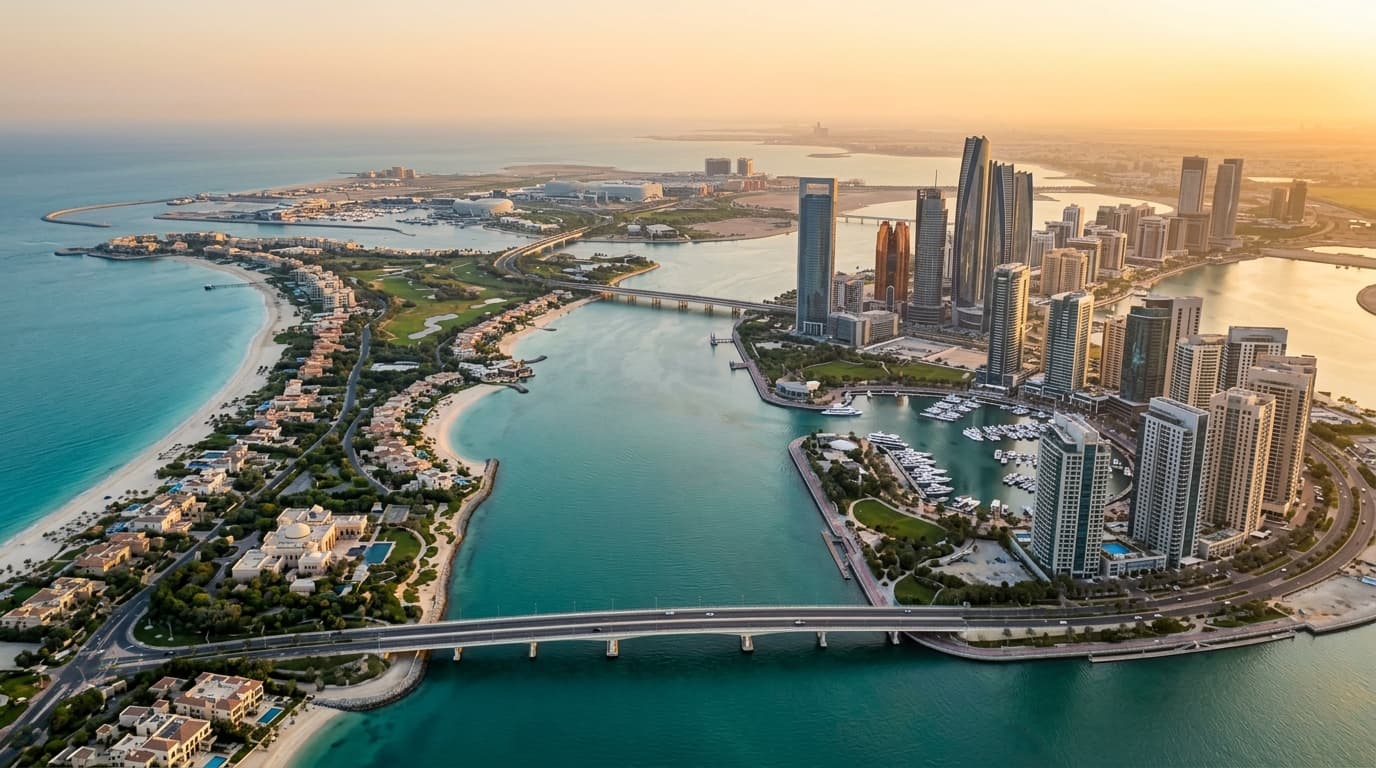 Aerial view of Abu Dhabi showcasing waterfront properties and skyline.