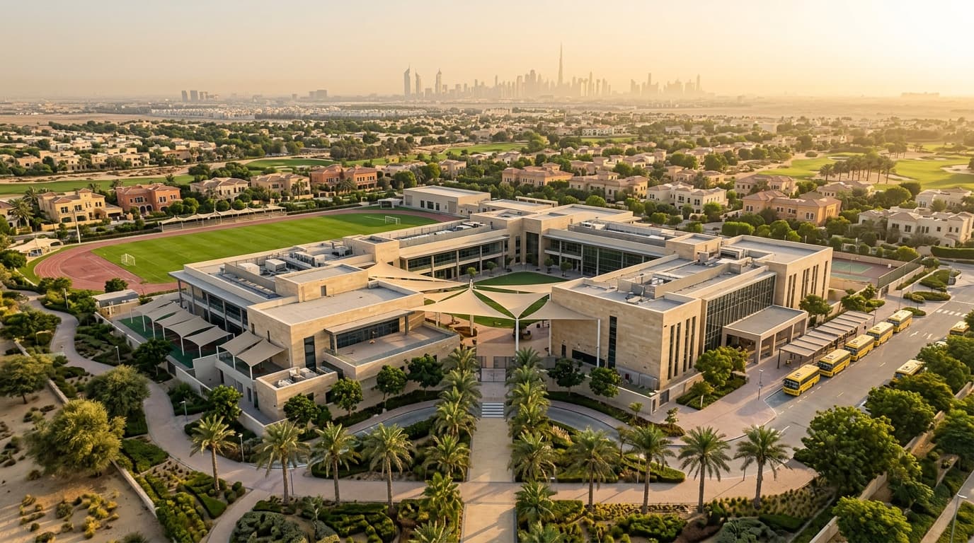 Aerial view of a school in Arabian Ranches, Dubai.