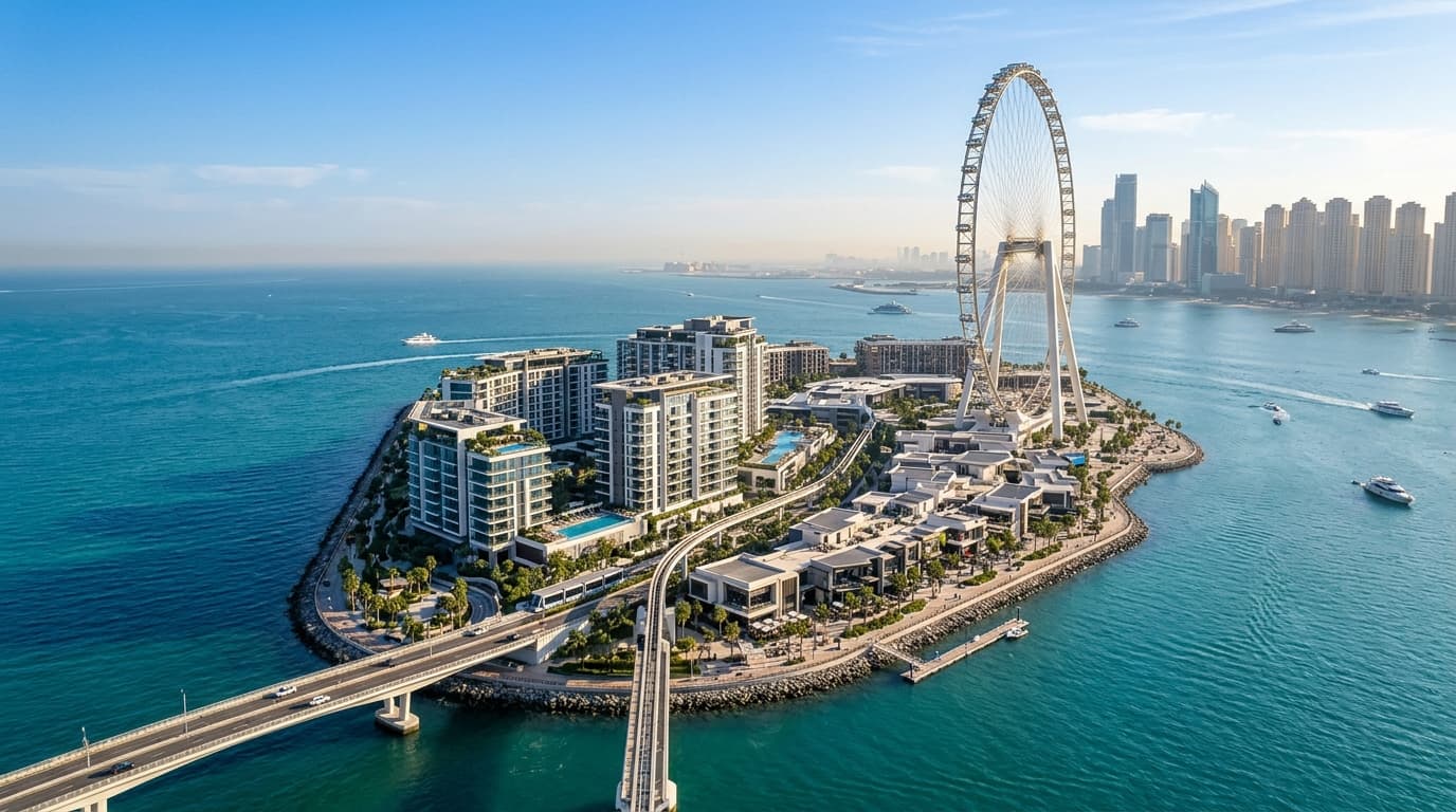 Aerial view of Bluewaters Island showcasing luxury waterfront properties.