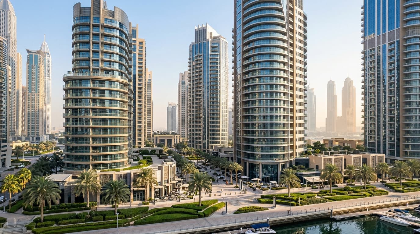 Modern Dubai skyline featuring luxury residential buildings and waterfront views.