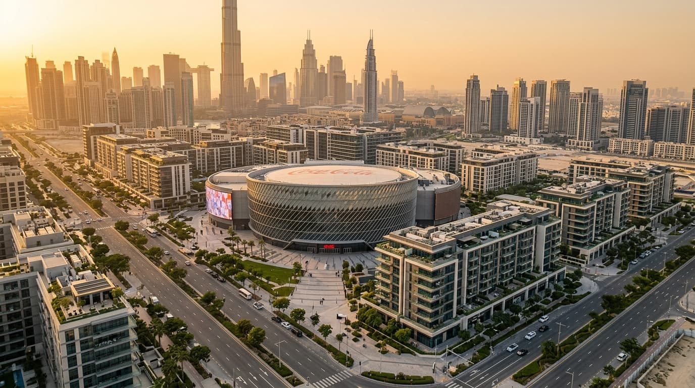 Coca-Cola Arena surrounded by Dubai's skyline and residential developments.