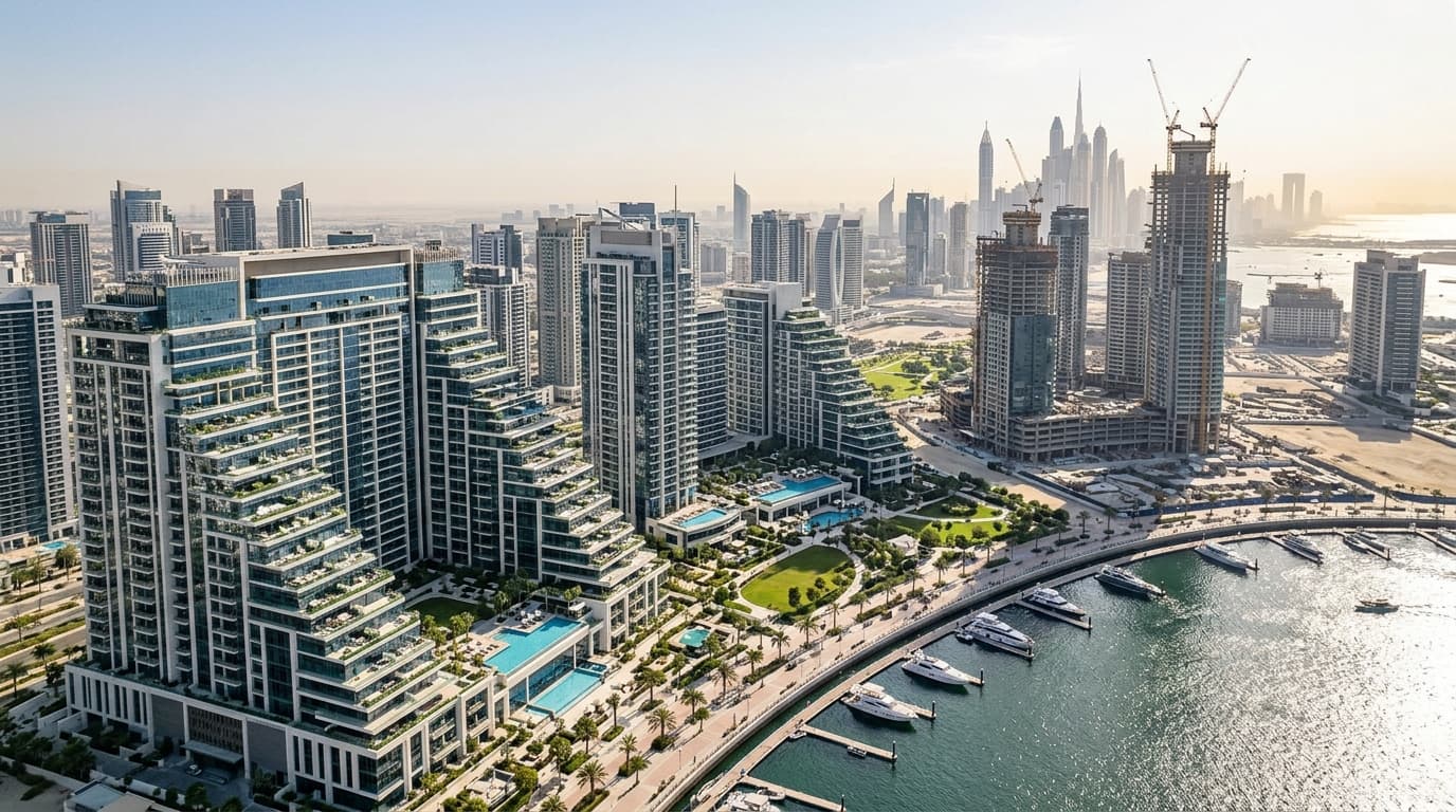 Aerial view of Dubai's skyline featuring modern real estate developments.