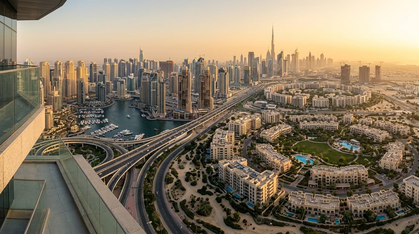 Panoramic view of Dubai skyline and waterfront properties at sunset.