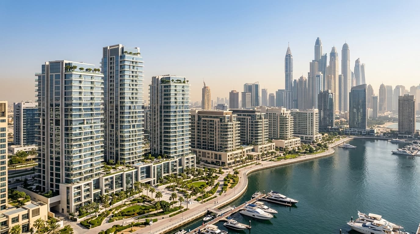 Modern Dubai skyline with waterfront properties and luxury yachts.