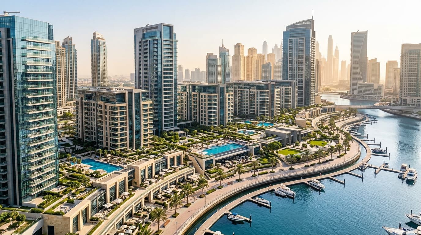 Luxury waterfront properties in Dubai showcasing vibrant urban living.
