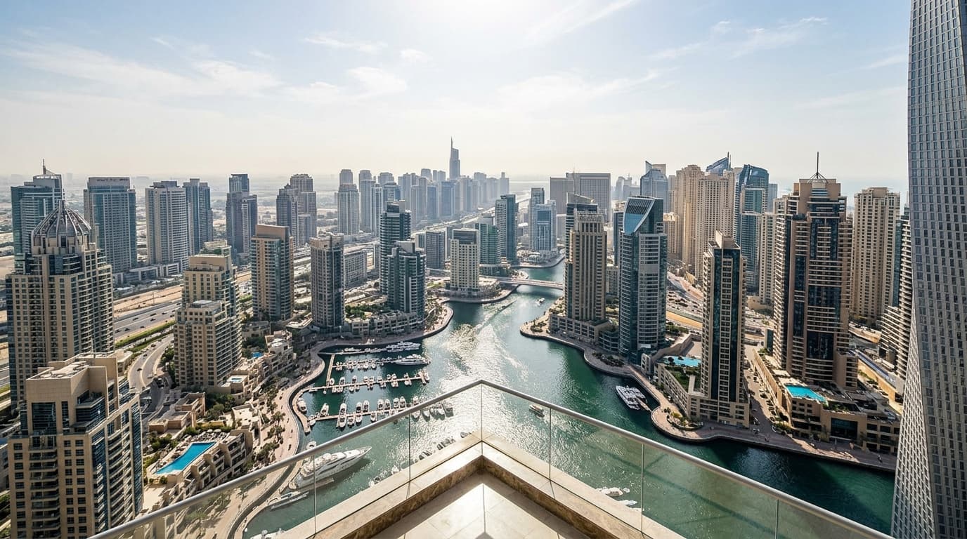 Panoramic view of Dubai Marina showcasing luxury waterfront properties.