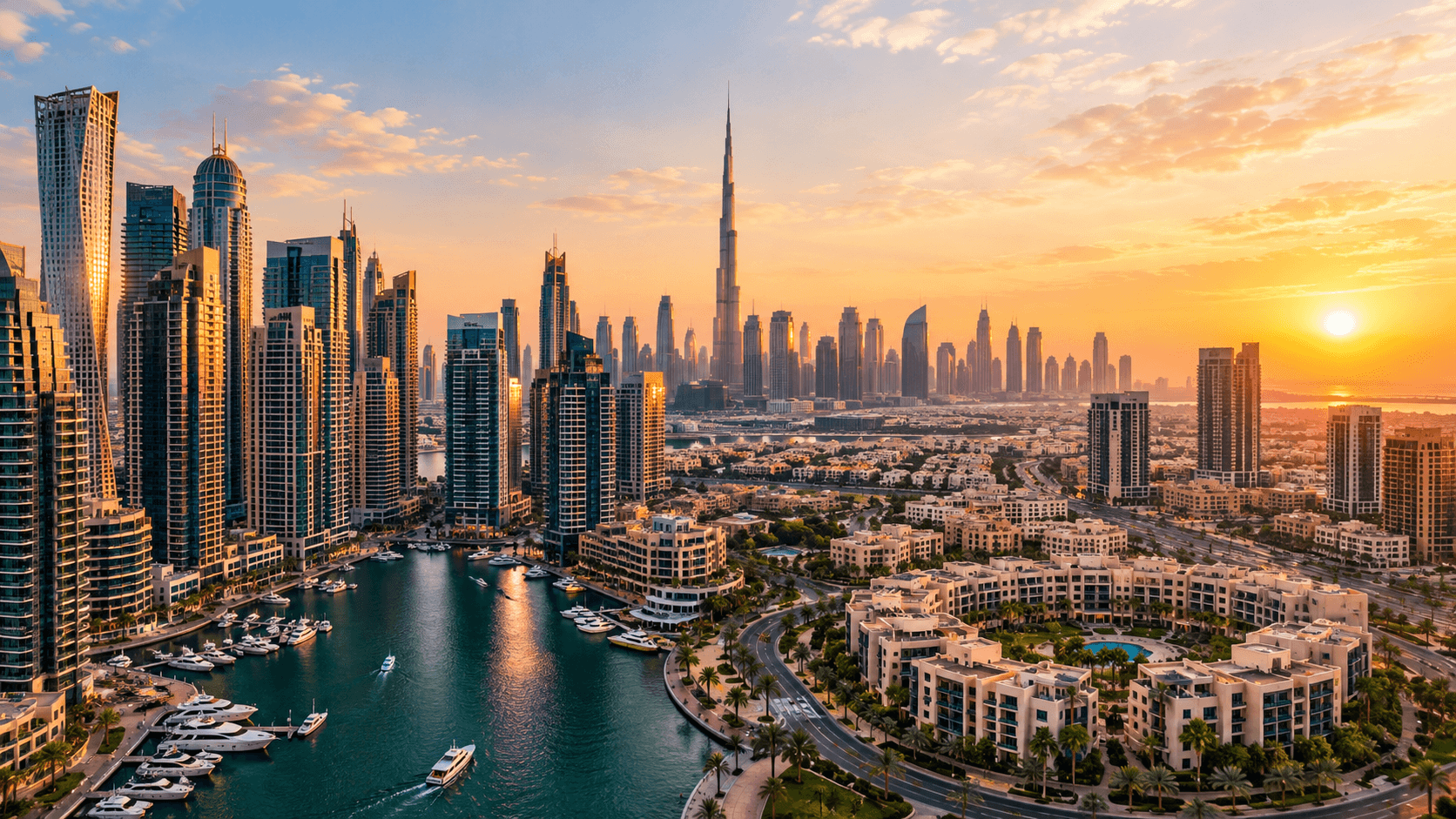 Dubai skyline at sunset showcasing luxury real estate and waterfront.