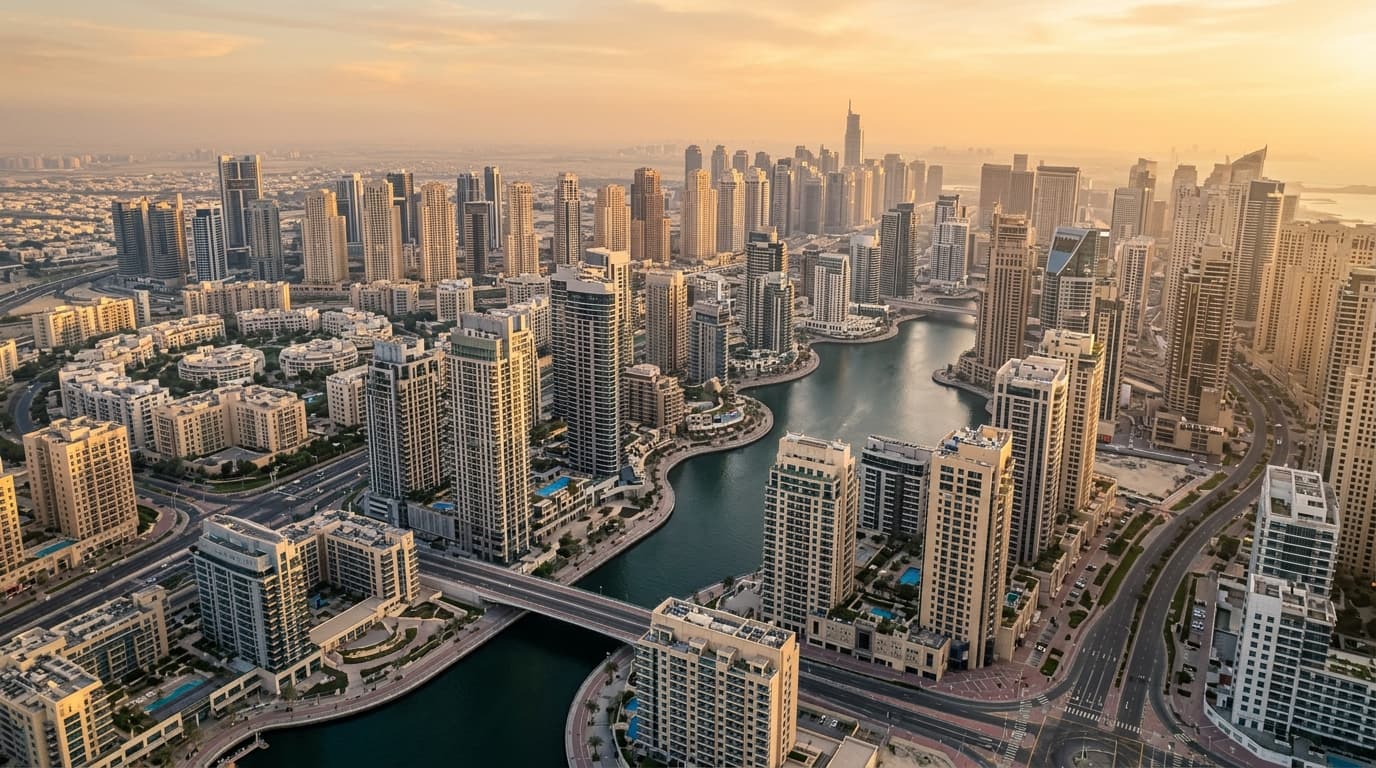 Aerial view of Dubai showcasing modern skyscrapers and waterways.