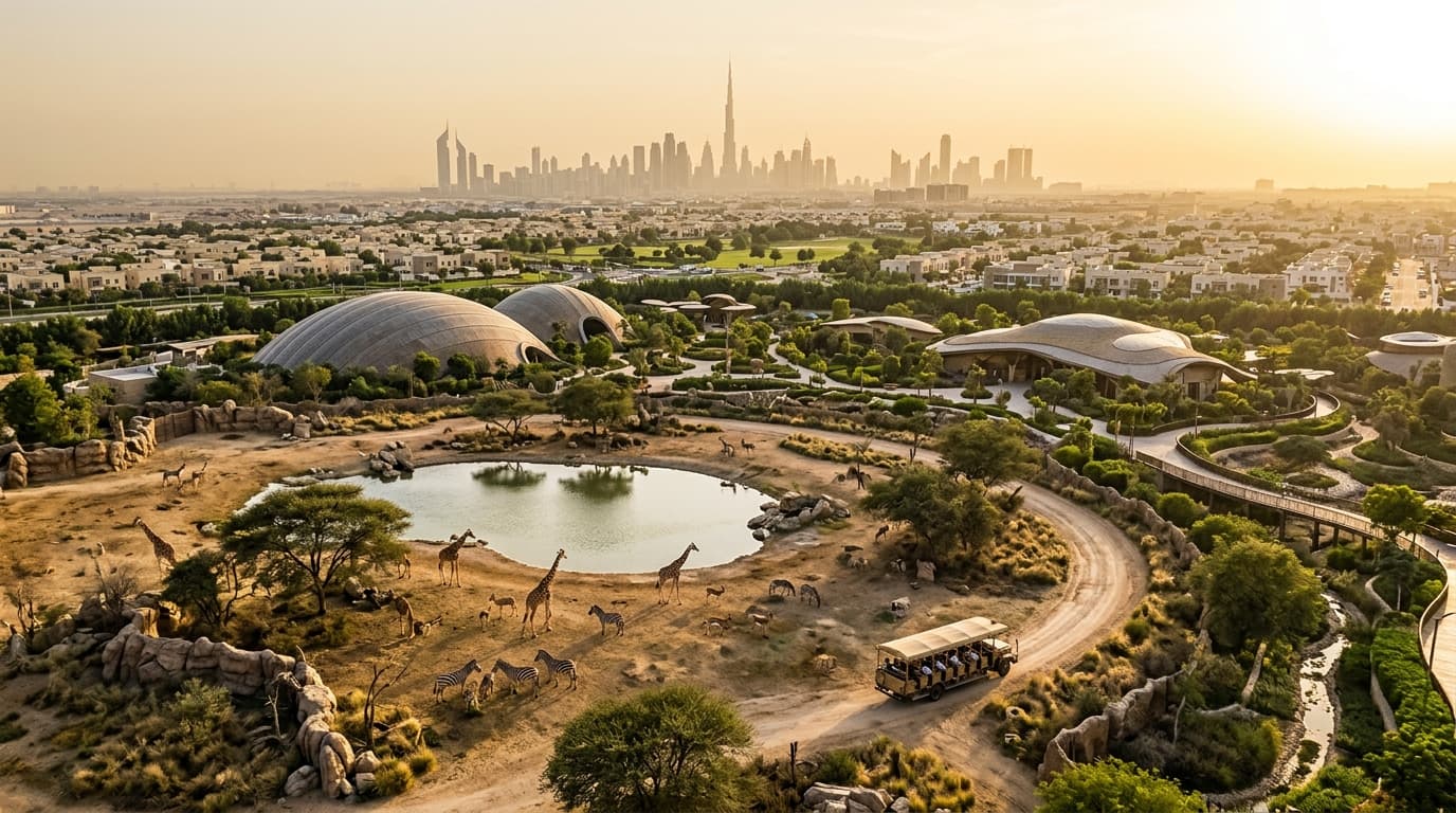 Aerial view of Dubai Safari Park with city skyline backdrop
