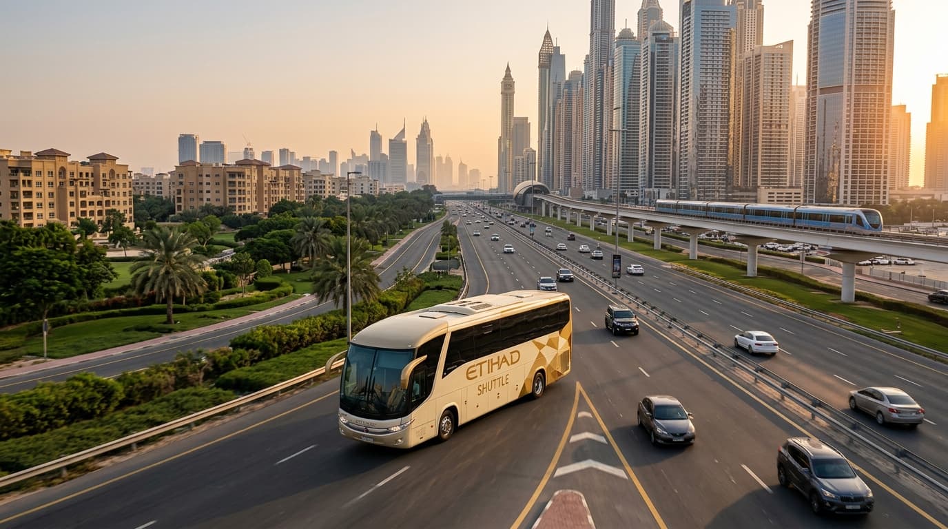 Etihad Shuttle Bus traveling on Dubai's busy highway with skyline