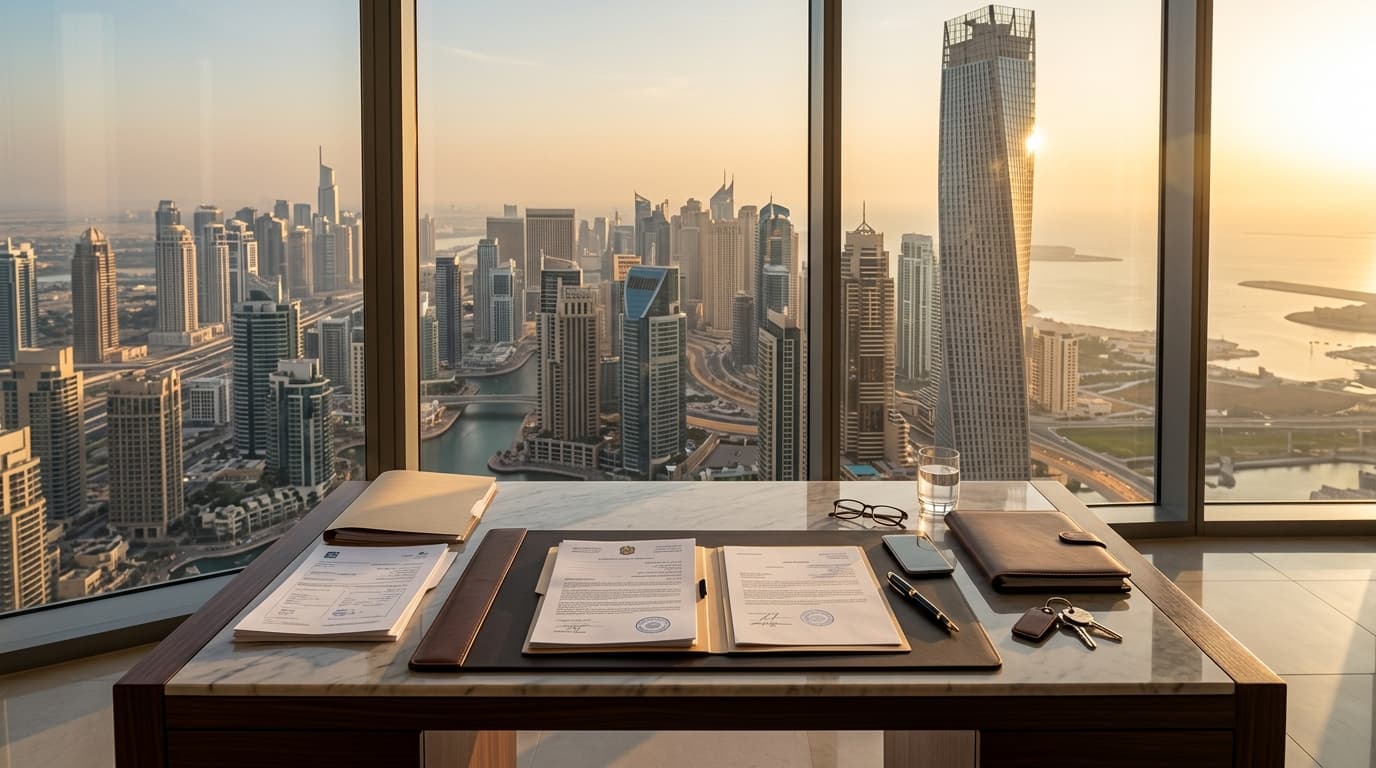 Modern office view overlooking Dubai skyline with eviction notice documents.