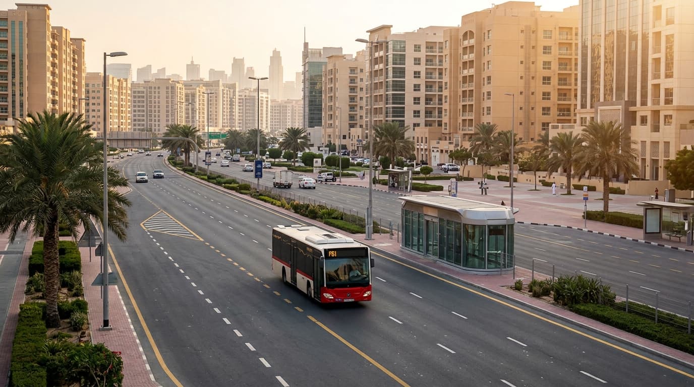 F61 bus traveling along Dubai's modern residential area.