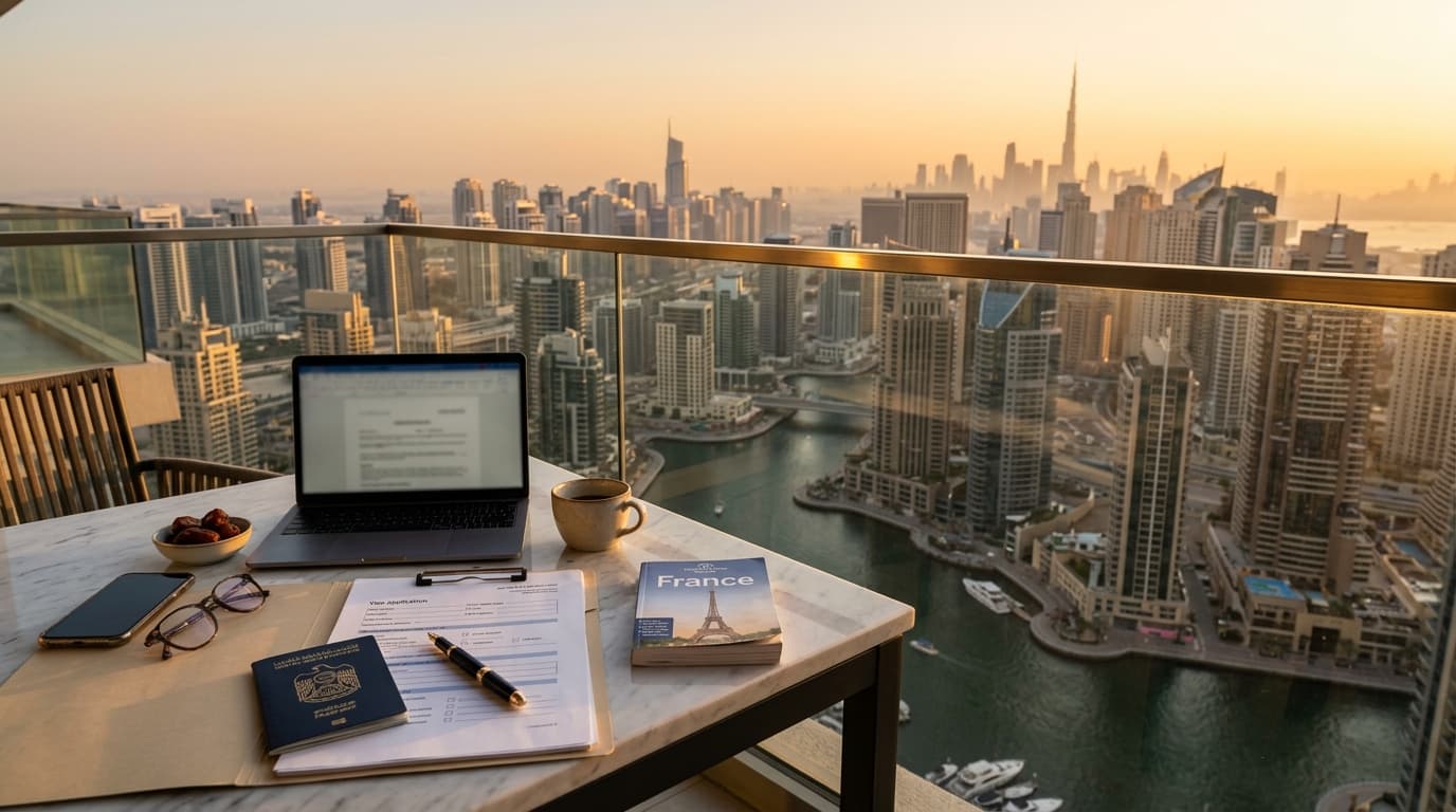 Workspace overlooking Dubai skyline with France visa guide materials.