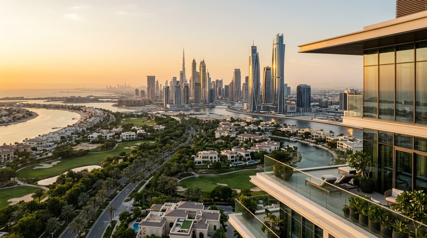 Stunning Dubai skyline view from luxury property balcony at sunset.
