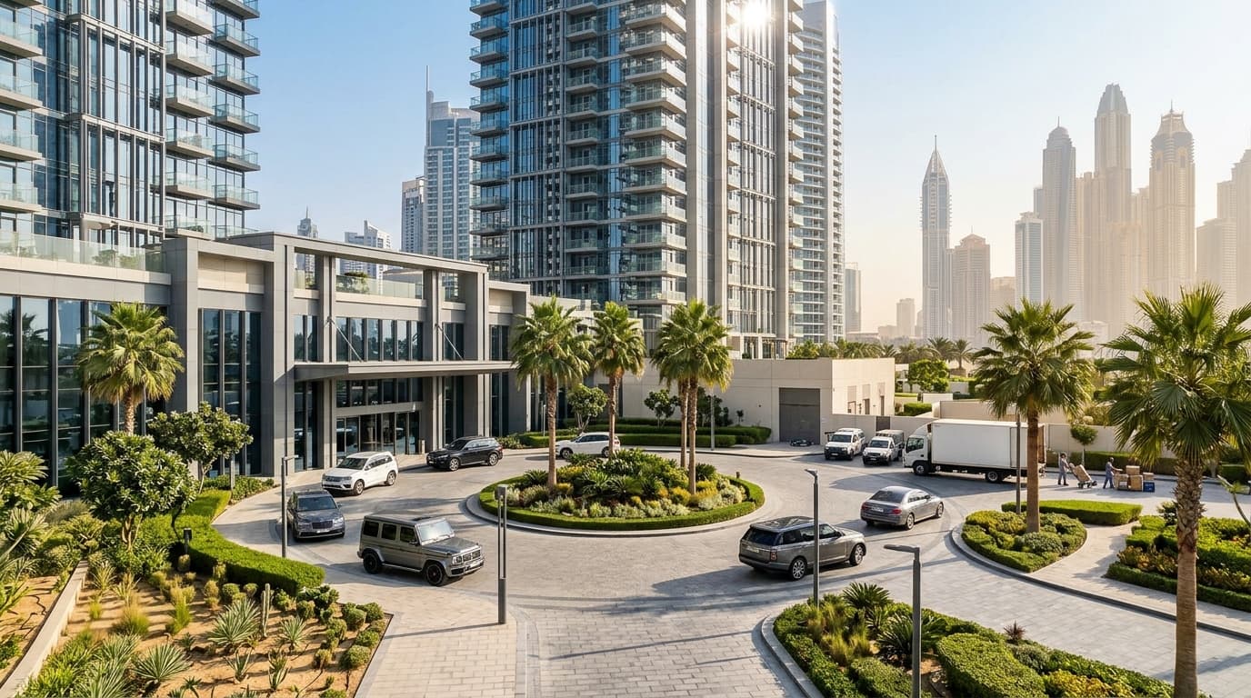 Modern Dubai real estate showcasing luxury apartments and city skyline.