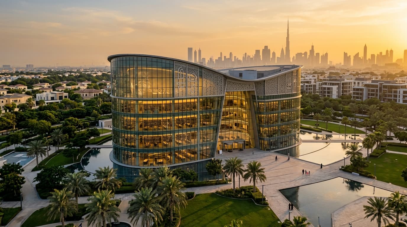 Modern library building in Dubai with skyline backdrop.