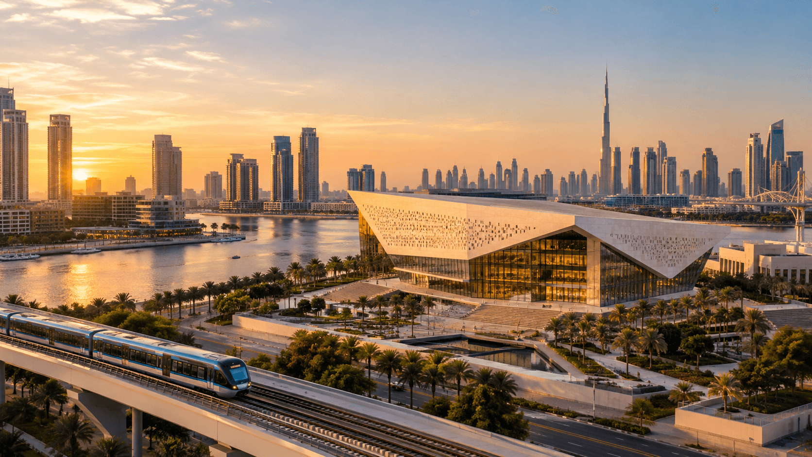 Mohammed Bin Rashid Library with Dubai skyline and metro train nearby.