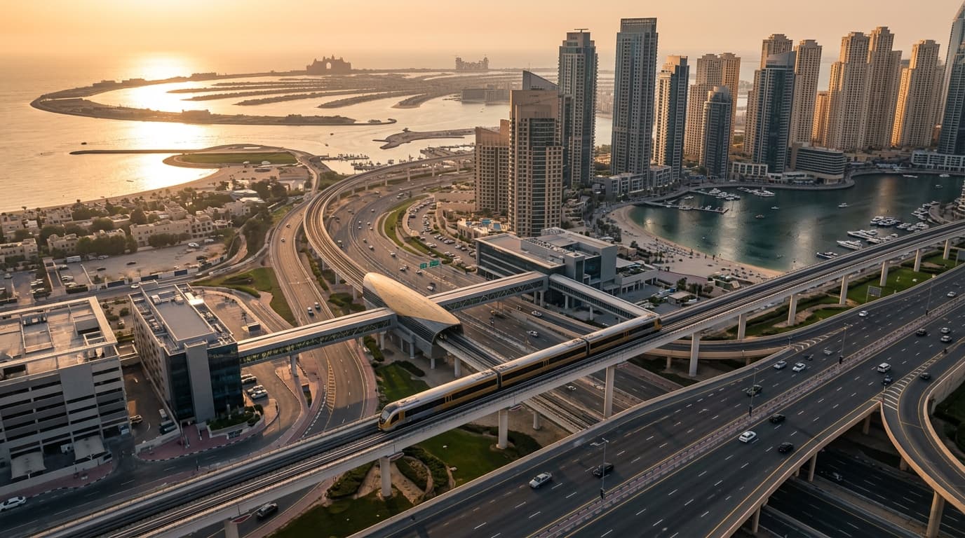 Aerial view of Metro route to Palm Jumeirah in Dubai.