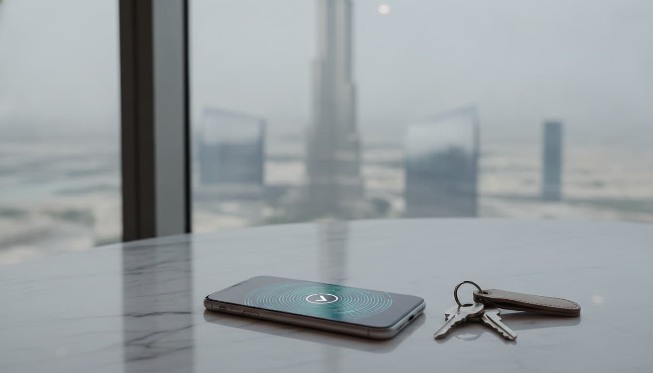 Smartphone with a digital signature confirmation beside apartment keys, Dubai skyline behind