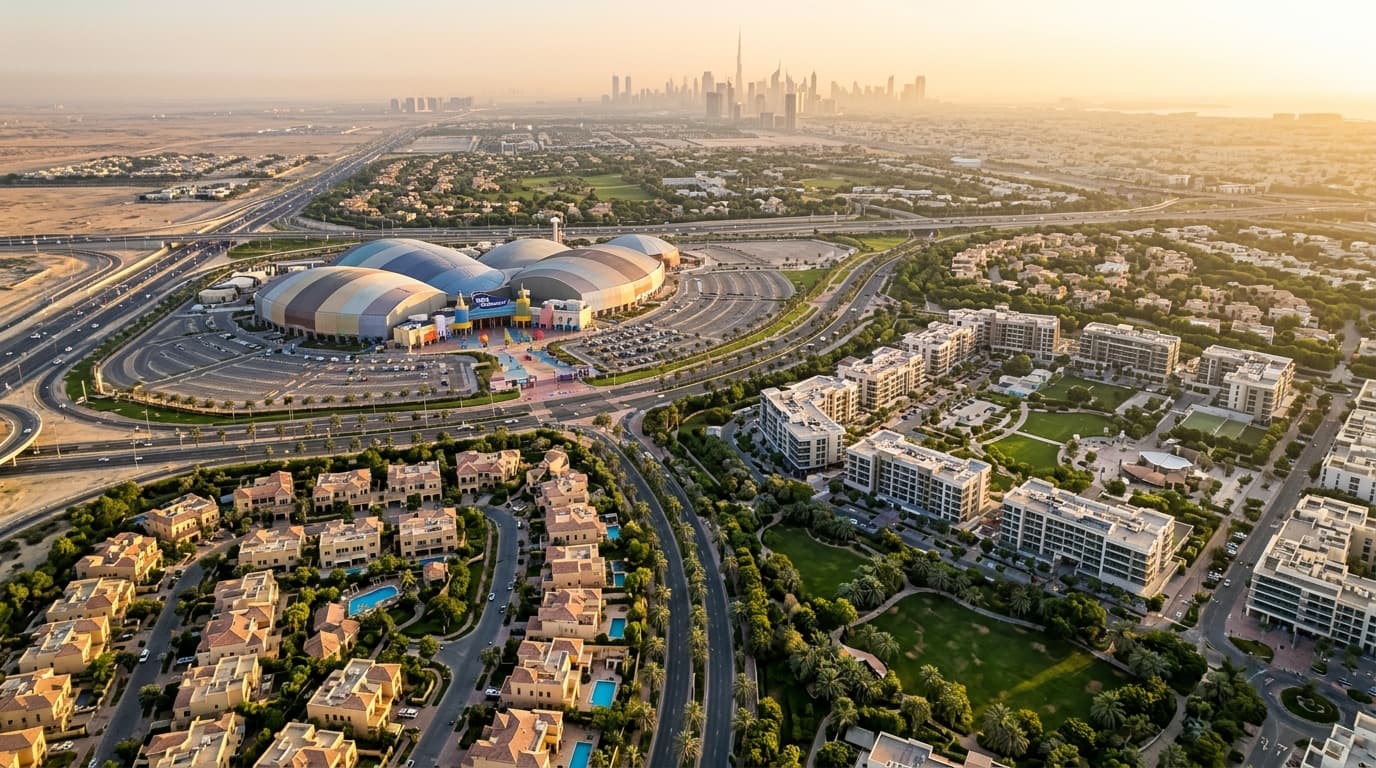 Aerial view of IMG Worlds of Adventure and nearby Dubai residences.