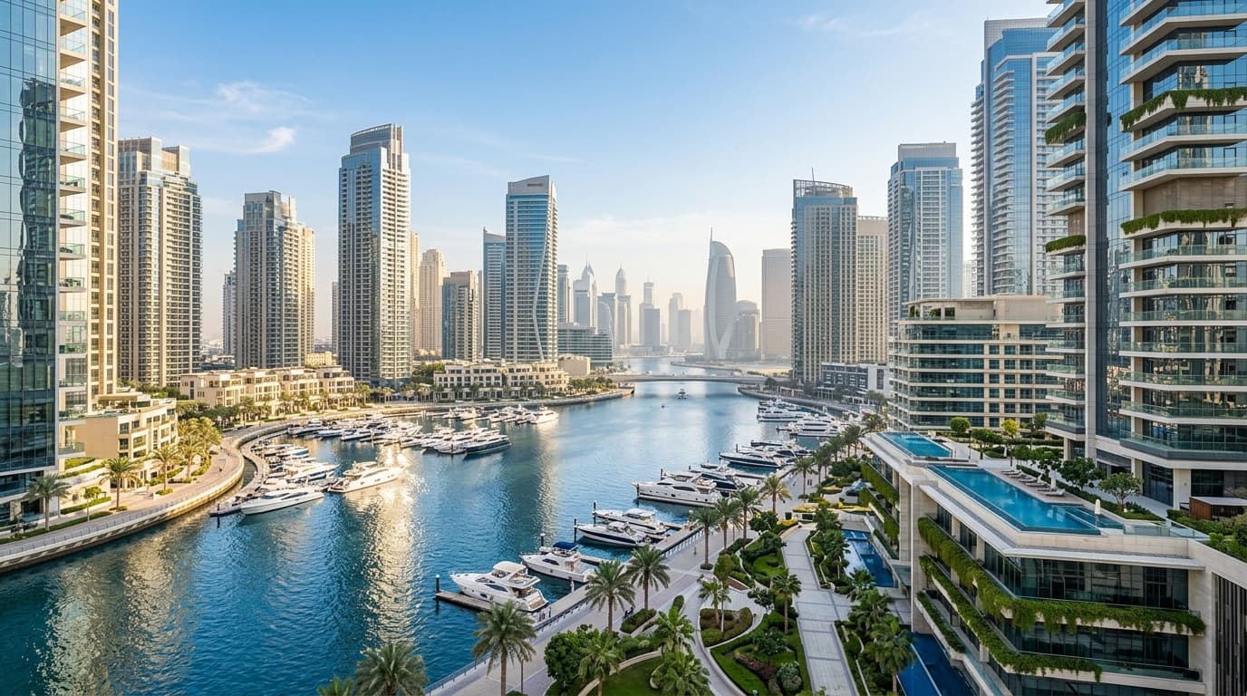 Dubai Marina skyline showcasing luxury waterfront properties and yachts.