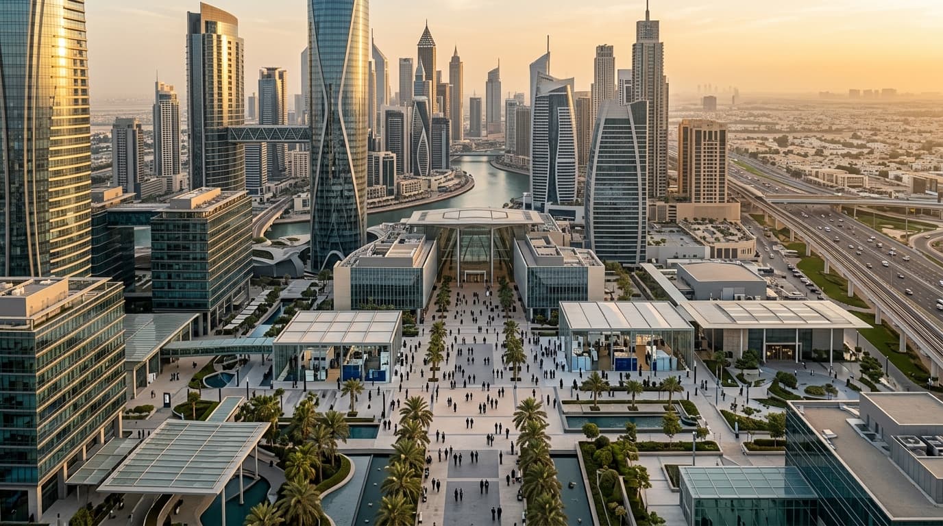 Aerial view of Dubai's skyline showcasing modern architecture and developments.