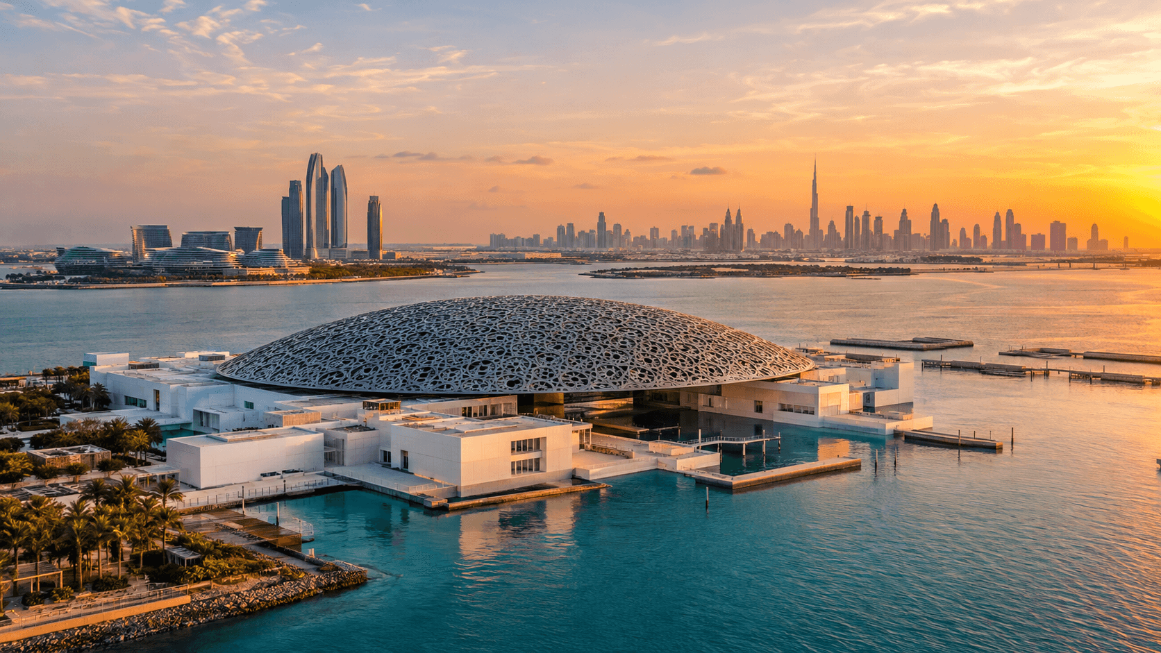 Louvre Abu Dhabi with Dubai skyline at sunset in background.
