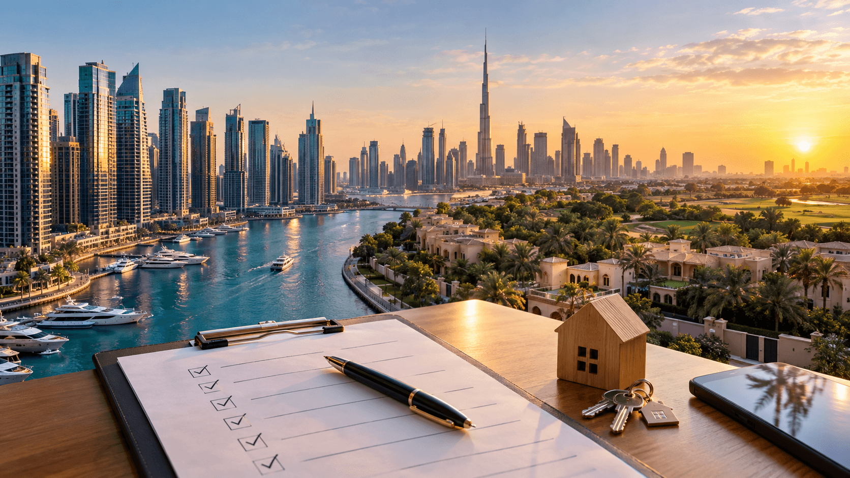 Dubai skyline with checklist, highlighting move-in inspections for landlords.