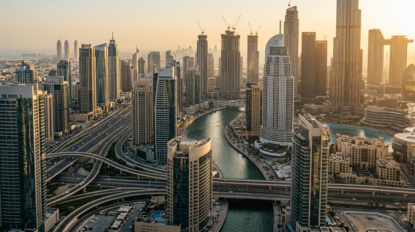 Stunning Dubai skyline showcasing luxury real estate developments and waterways.