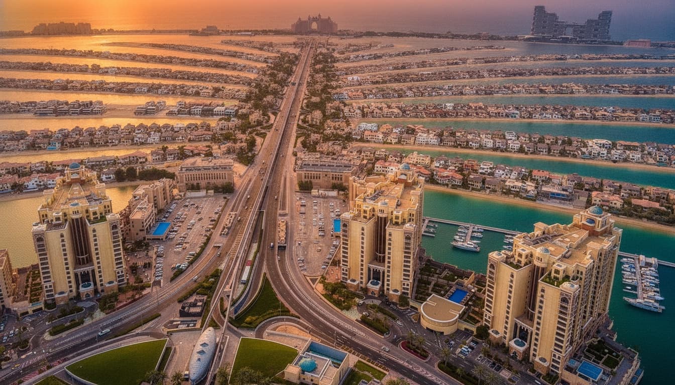 Palm Jebel Ali Investor Guide — aerial view of the palm island with beachfront villas, Binayah Dubai property guide
