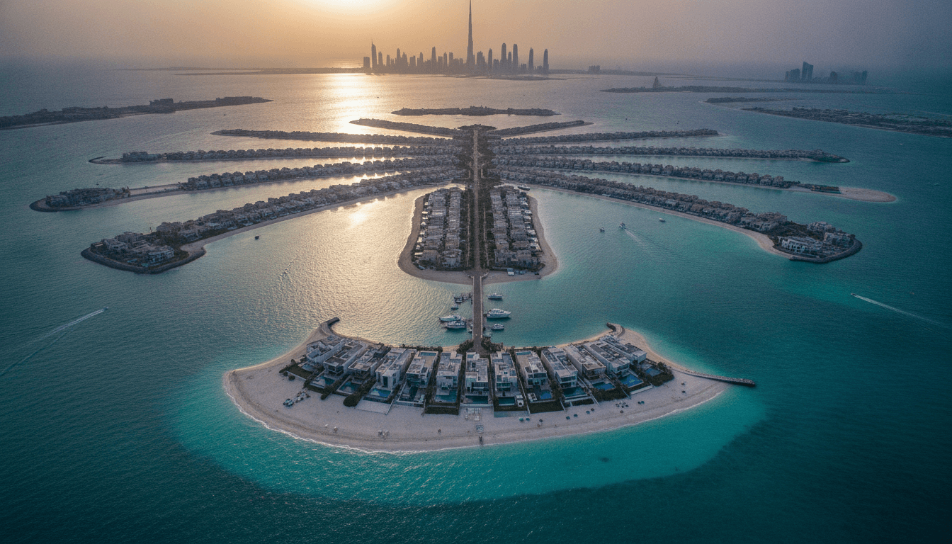 Palm Jebel Ali Investor Guide — aerial view of the palm island with beachfront villas, Binayah Dubai property guide
