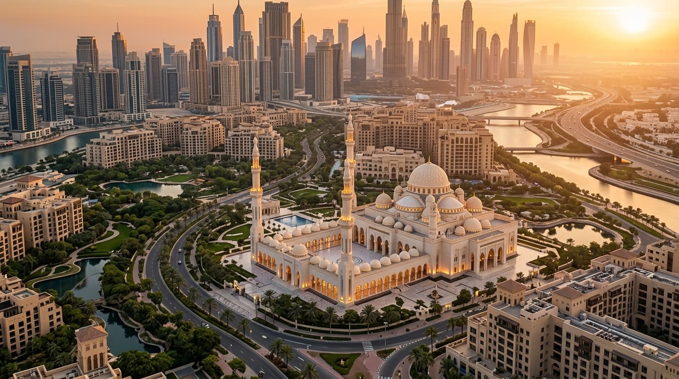 Stunning view of Dubai's skyline with a mosque at sunset.