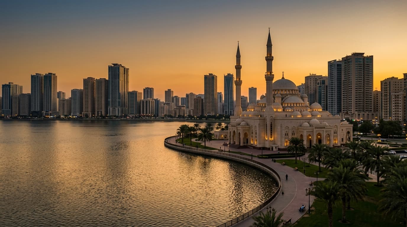 Sharjah mosque with skyline at sunset near Binayah property guide.