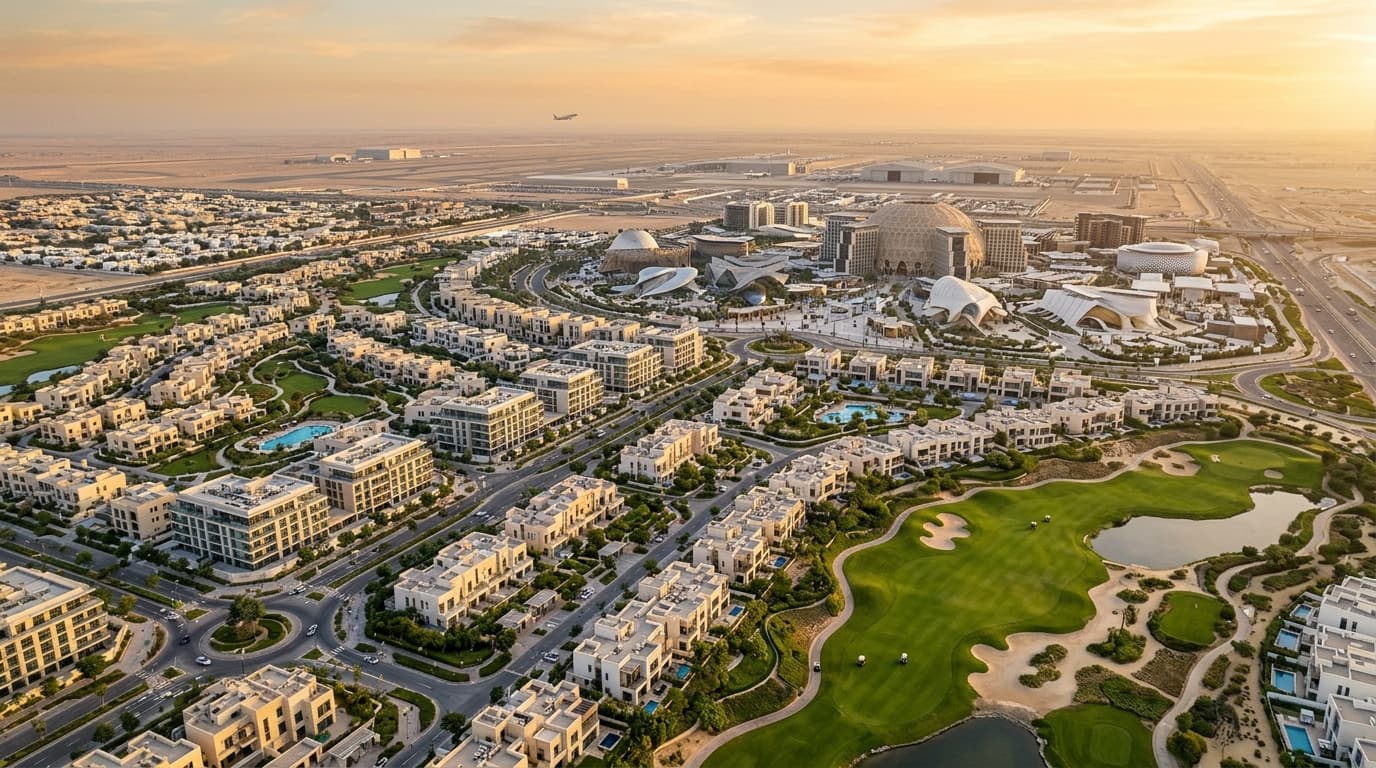 Aerial view of Dubai South near Al Maktoum Airport.