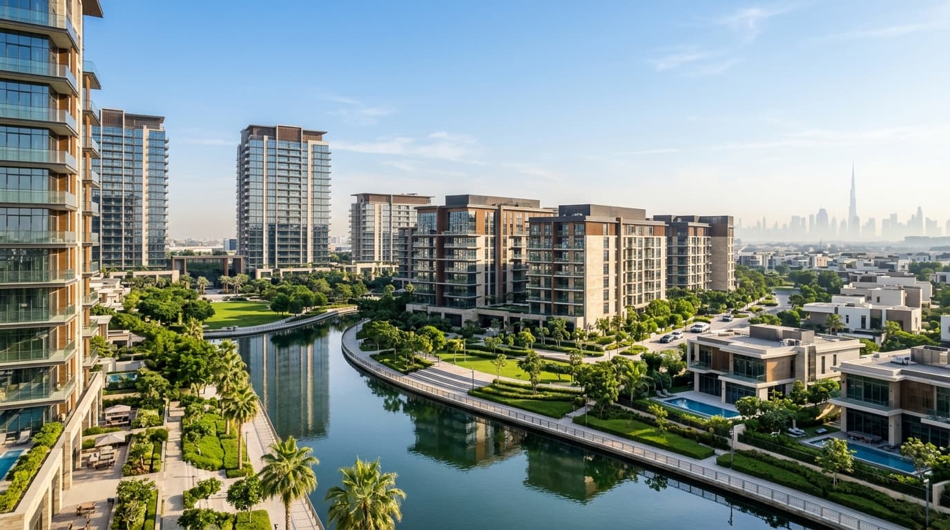 Stunning view of Sobha Hartland's luxurious waterfront properties in Dubai.