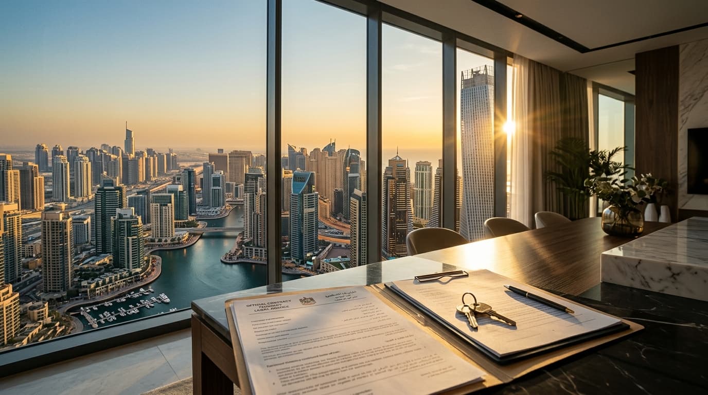 Luxury apartment view in Dubai with lease documents on table.