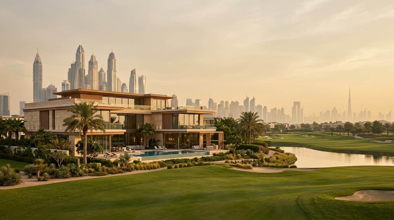 Luxurious mansion overlooking golf course in Dubai's Fairway Estates.