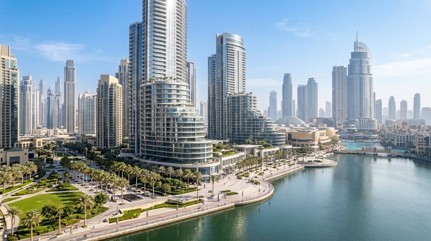Modern skyscrapers and waterfront in Dubai, showcasing Emaar Properties.